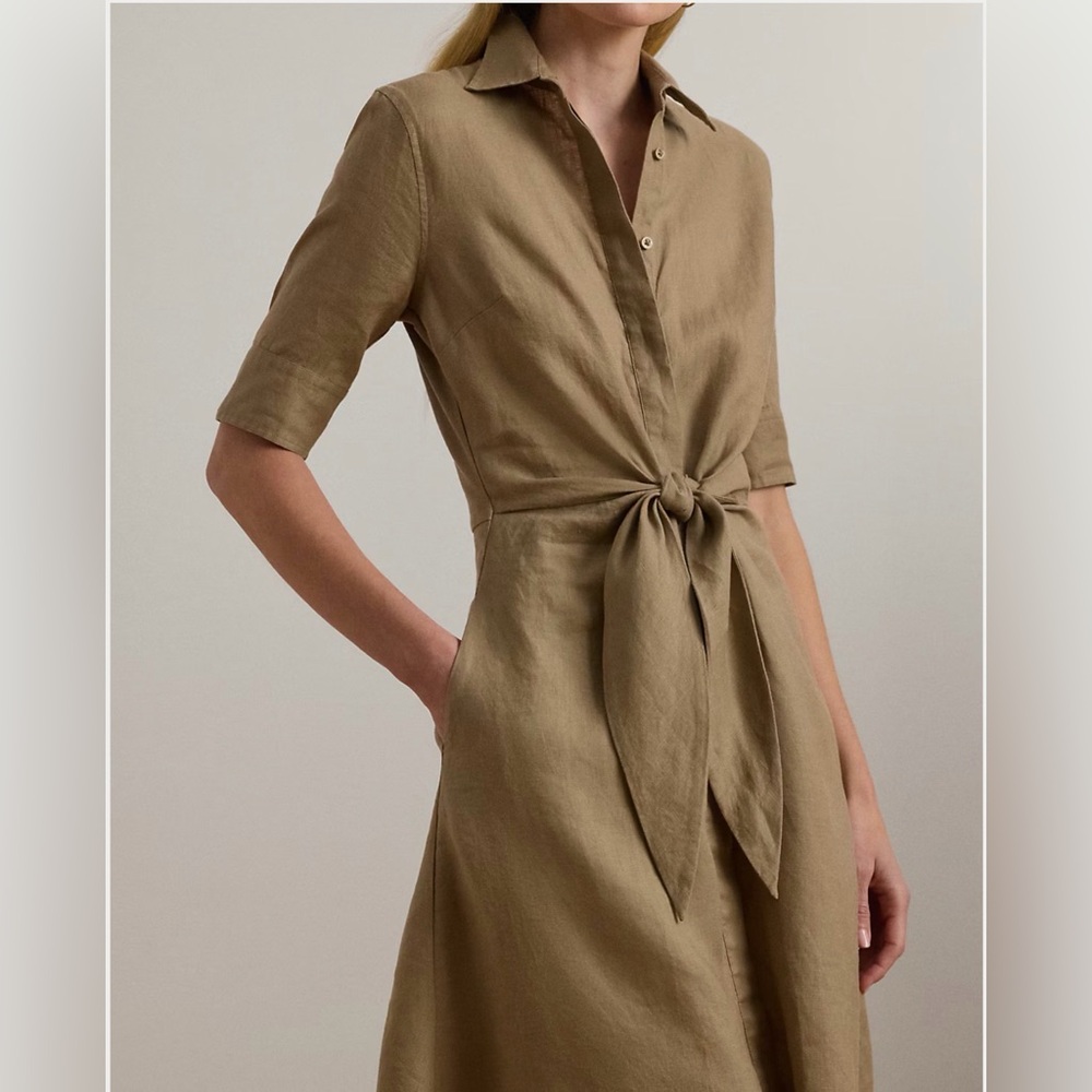 Ralph Lauren Knot-Tie Midi Shirt Dress in Camel Brown - Picture 5 of 9